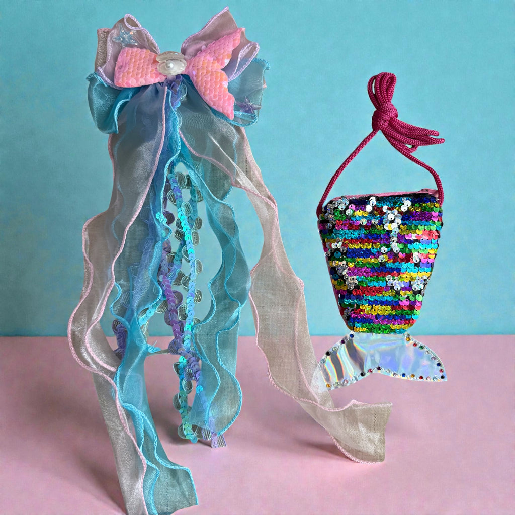 Mermaid bow & rainbow purse (set)