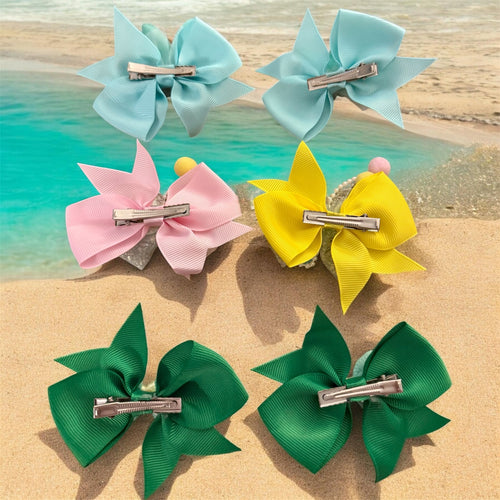 hair bows Summer green 3 pair sets