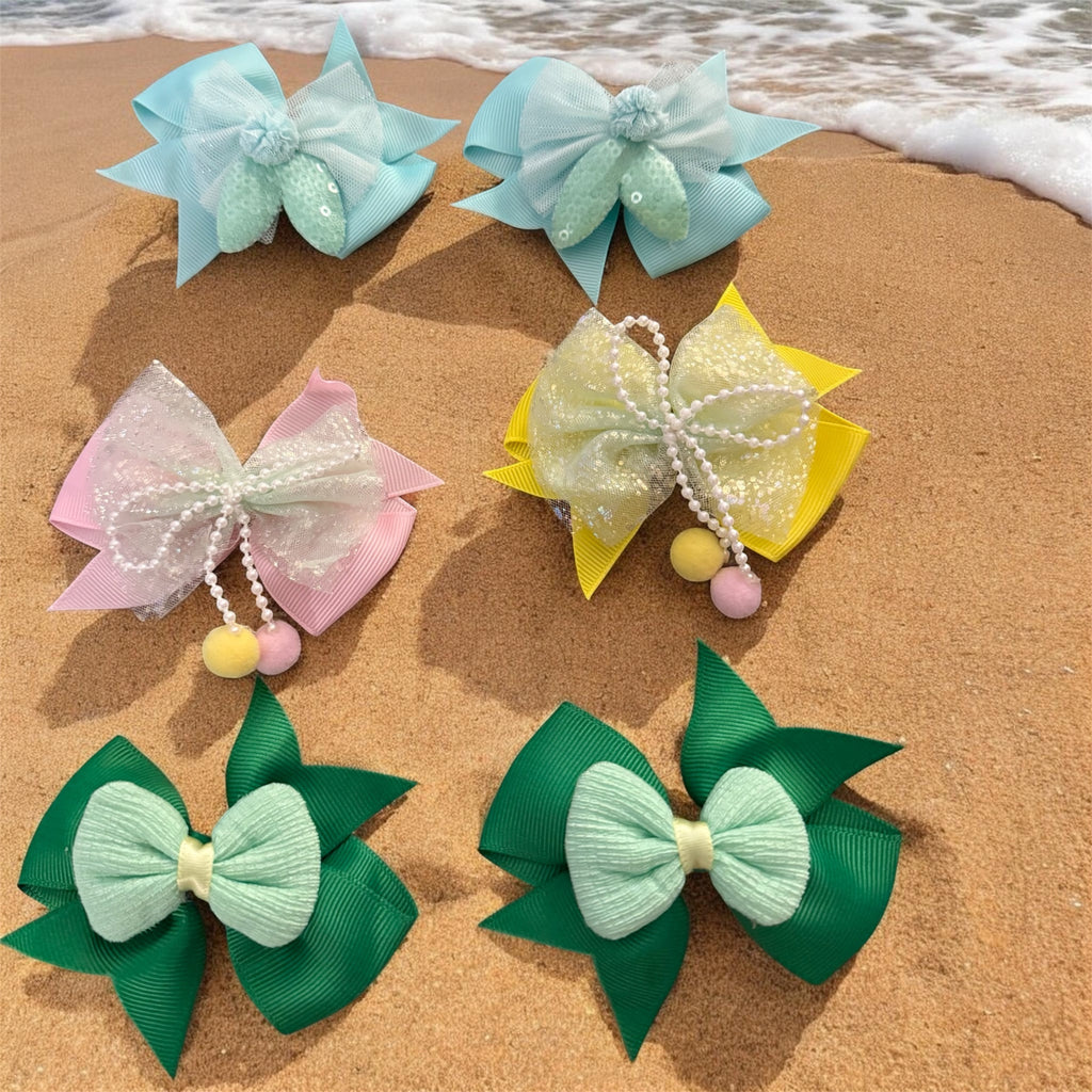 hair bows Summer green 3 pair sets