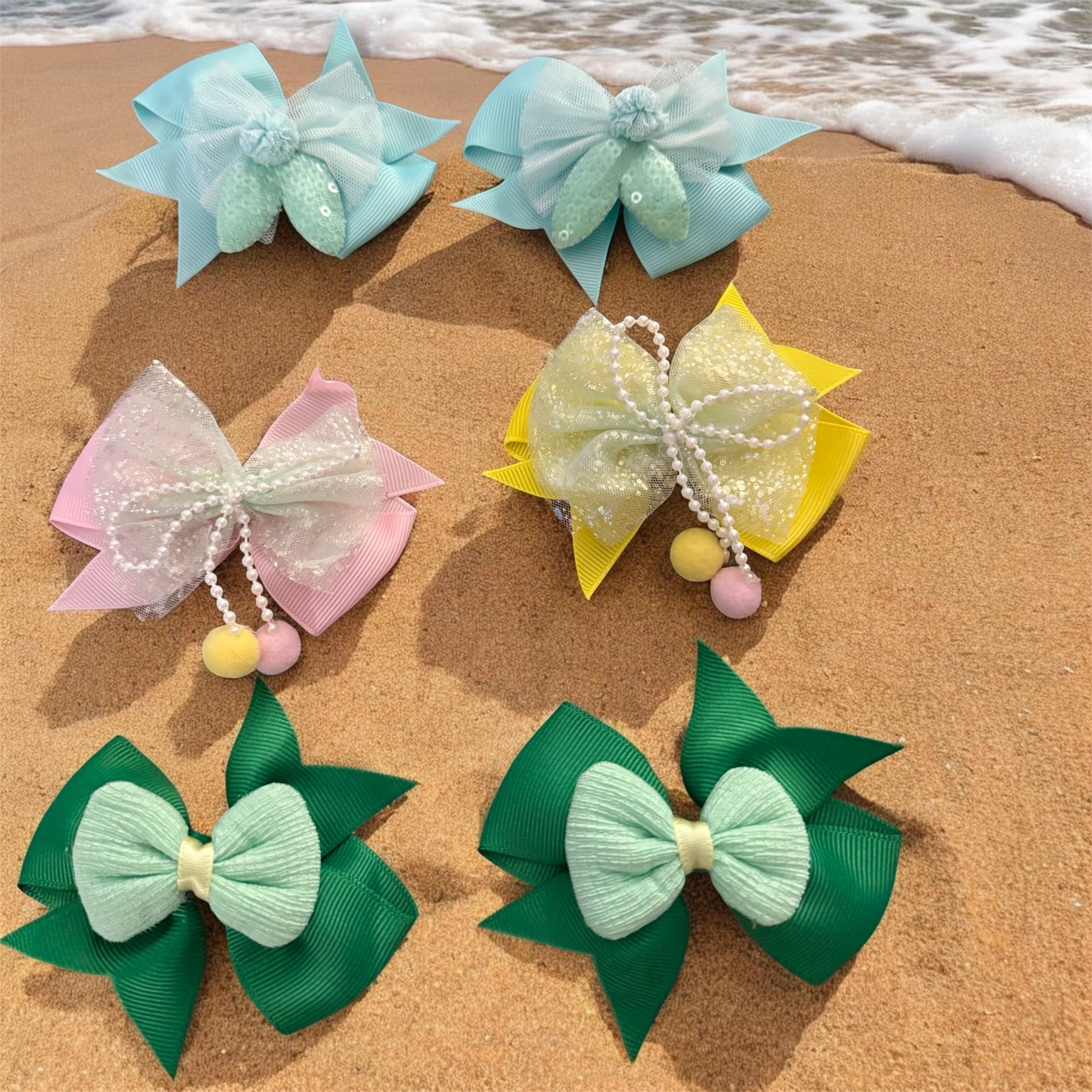 hair bows Summer green 3 pair sets