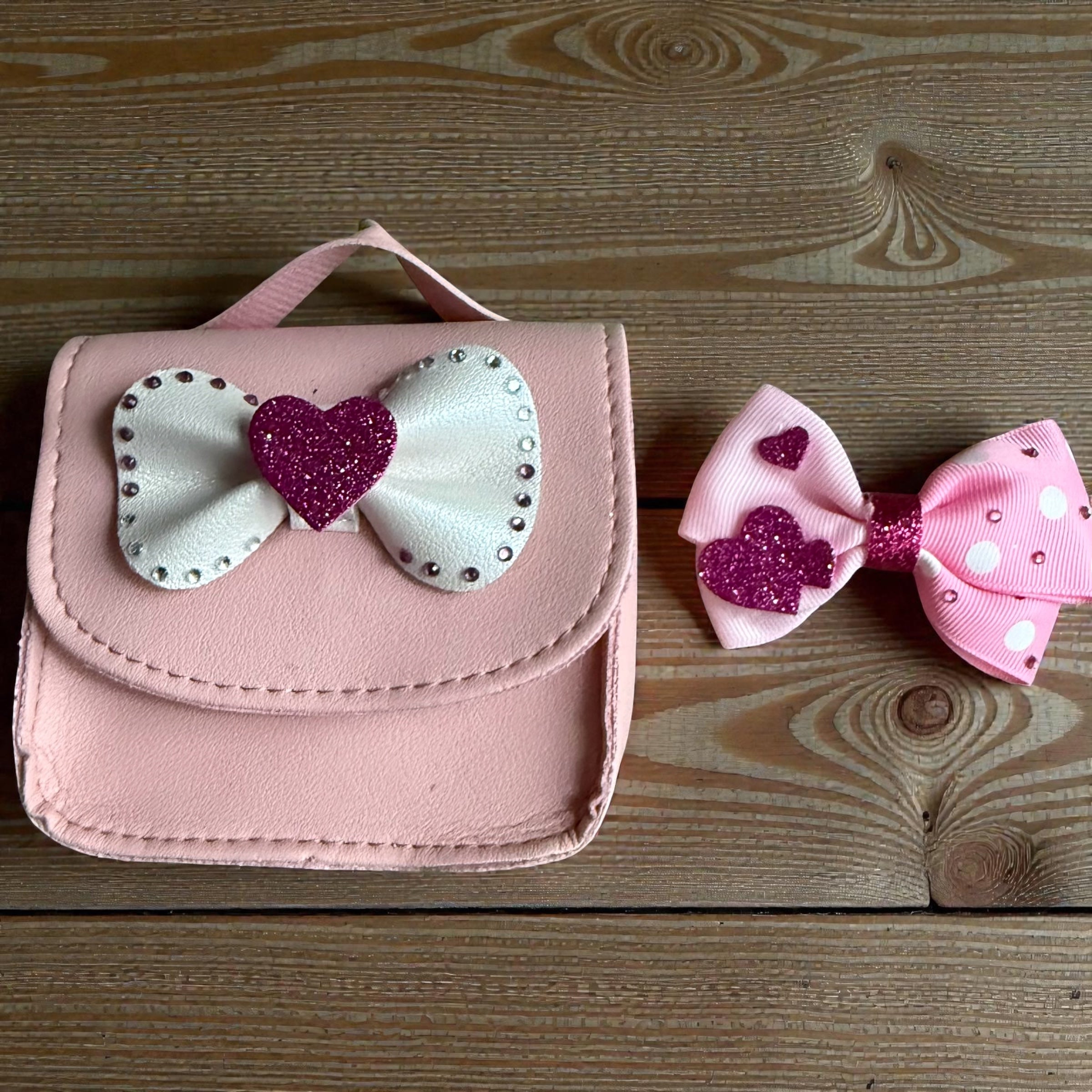 Heart pink purse &hair bow(set)