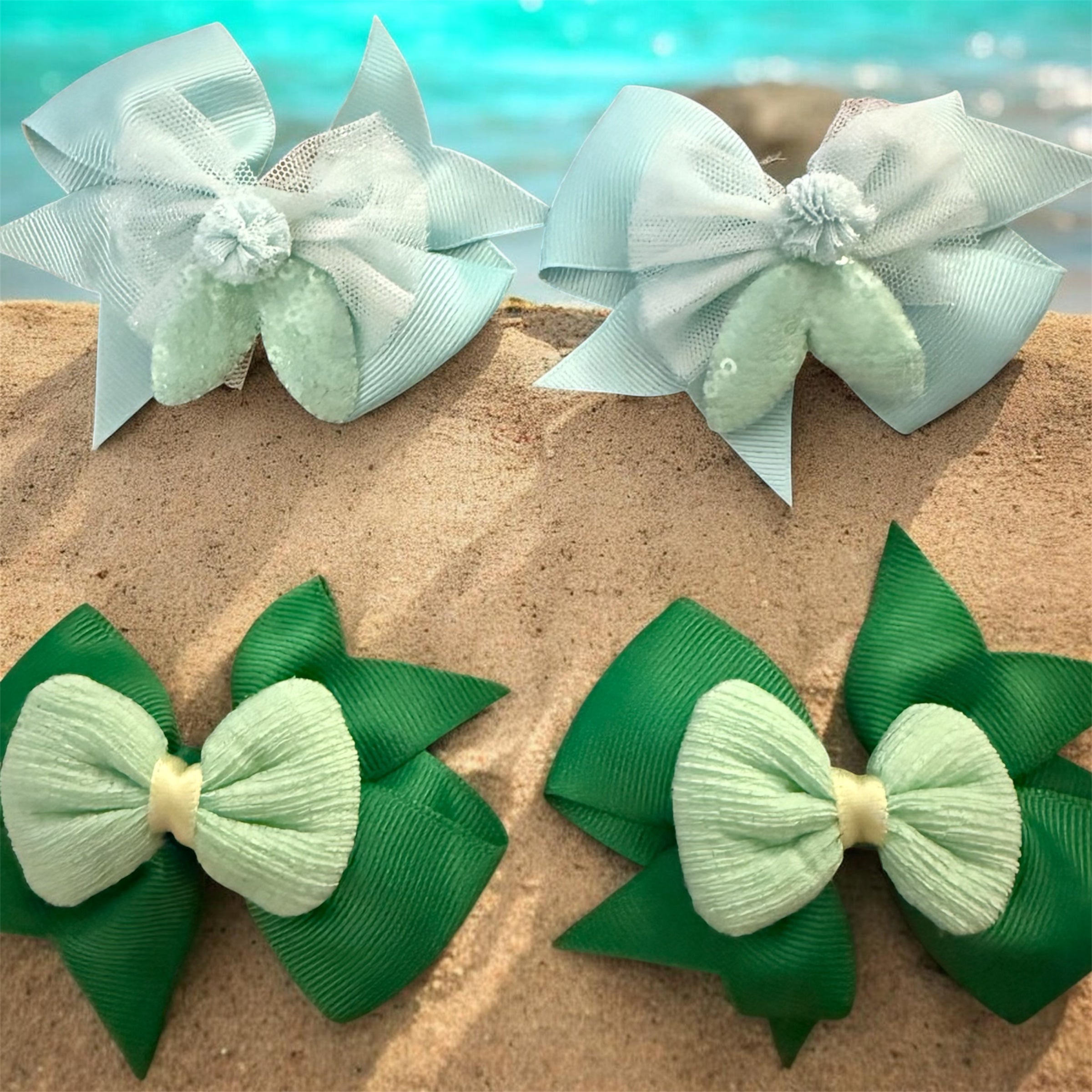 hair bows Summer green 3 pair sets